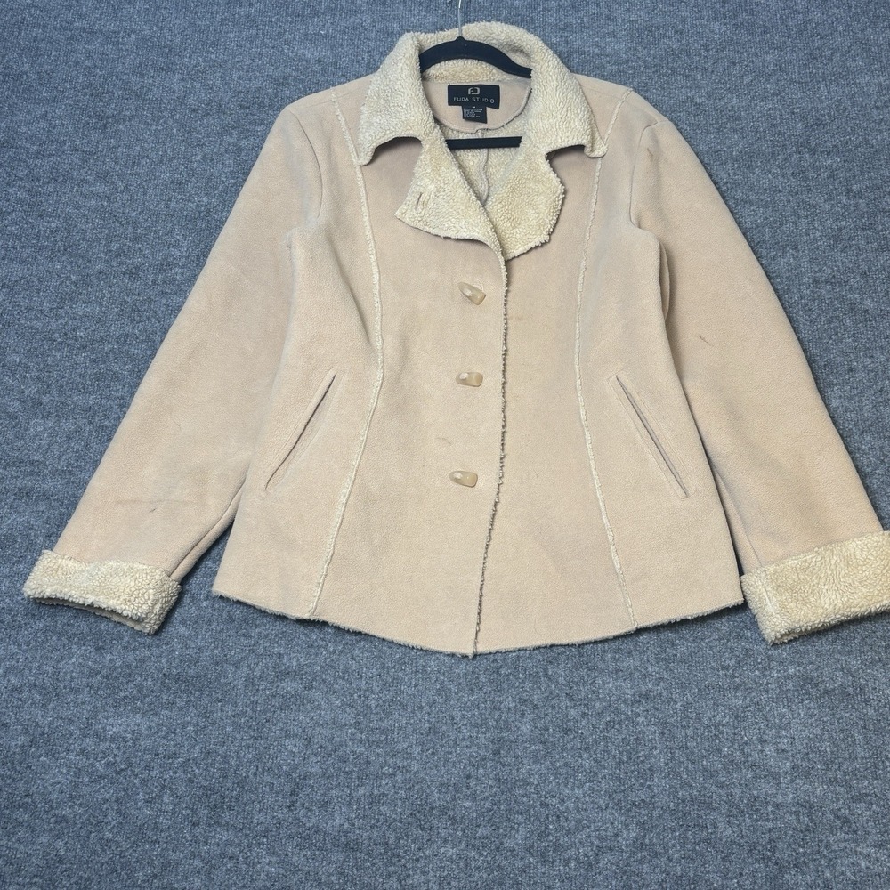 Fuda Studio Jacket Womens M Tan Faux Suede Shearling Trim Fleece Coat